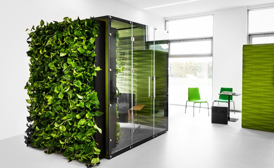 DIAMOND JUNGLE 4-person acoustic booth with plants on the outer wall
