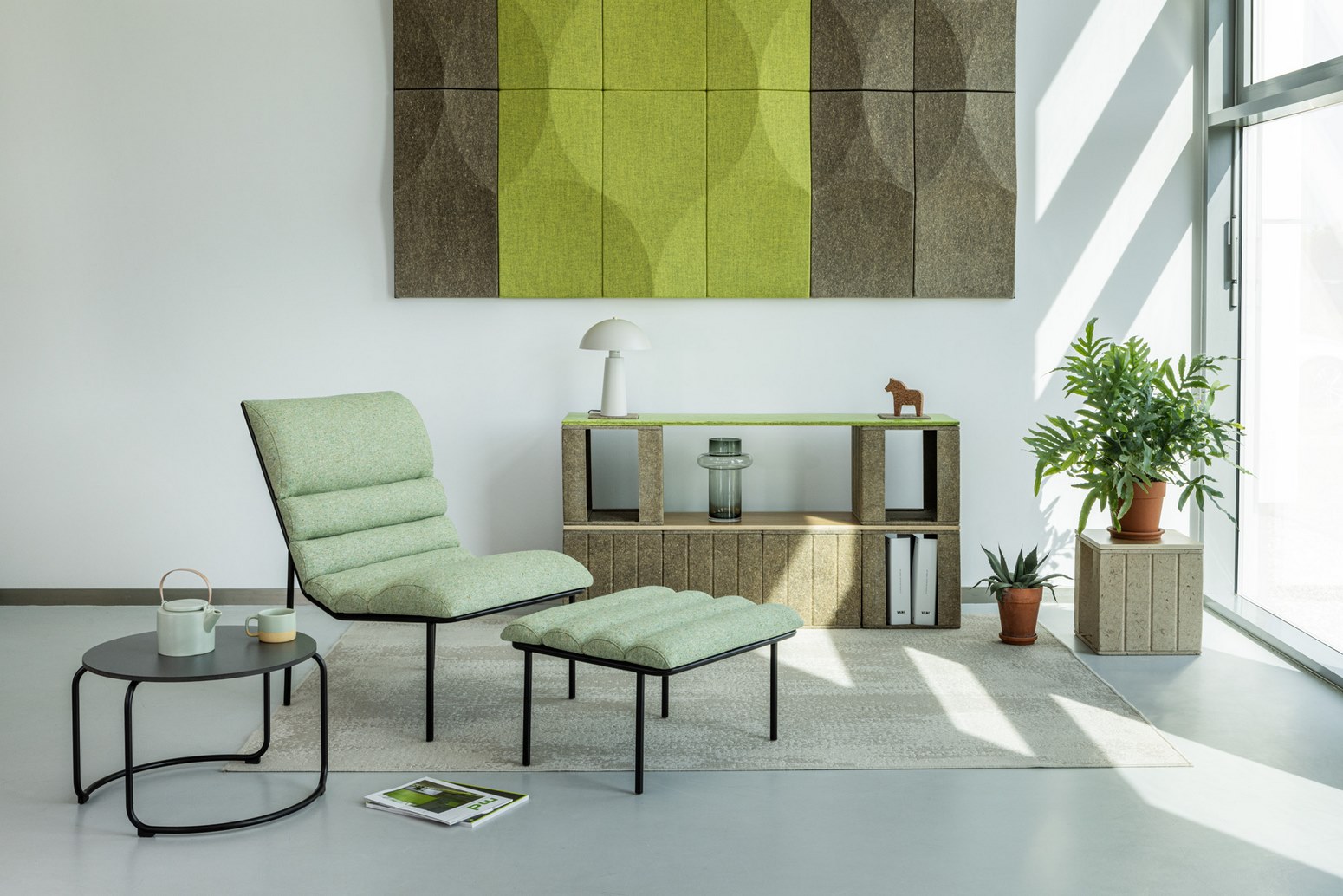 VANK_LONG armchair with a footrest, VANK_CUBE cabinet and VANK_ELLIPSE panels